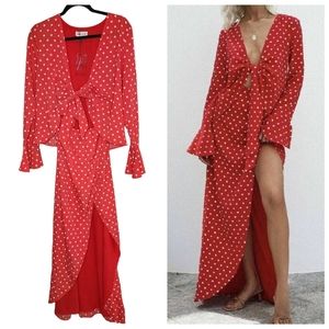 Sabo Luxe red polka dot maxi dress.  Tie front. Front slit.  Size small
